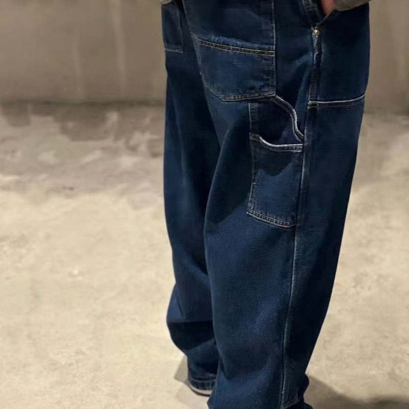 Carhartt Winas Heart-Shaped Washed Denim Jeans for Men and Women with Rivets, Double-Knee Work Pants, Wholesale Black Cotton Carhartt Winas Heart-Shaped Washed Denim Jeans for Men and Women with Rivets, Double-Knee Work Pants, Wholesale Black Cotton