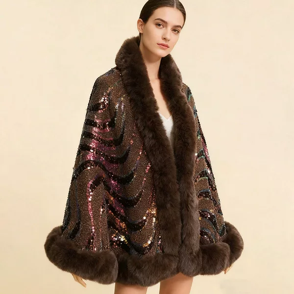 Sequined Outerwear with Fleece Lining and Thickened Shawl, New Style Cape with High-End Elegance, Rabbit Fur Knitted Cardigan, Faux Mink