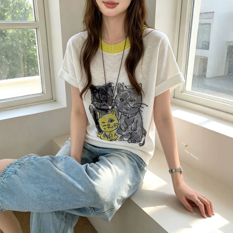 Kitten Jacquard T-Shirt for Women, Stylish Round Neck, Flutter Sleeves, Casual Versatile Slim-Fit Youthful Knit Top Kitten Jacquard T-Shirt for Women, Stylish Round Neck, Flutter Sleeves, Casual Versatile Slim-Fit Youthful Knit Top