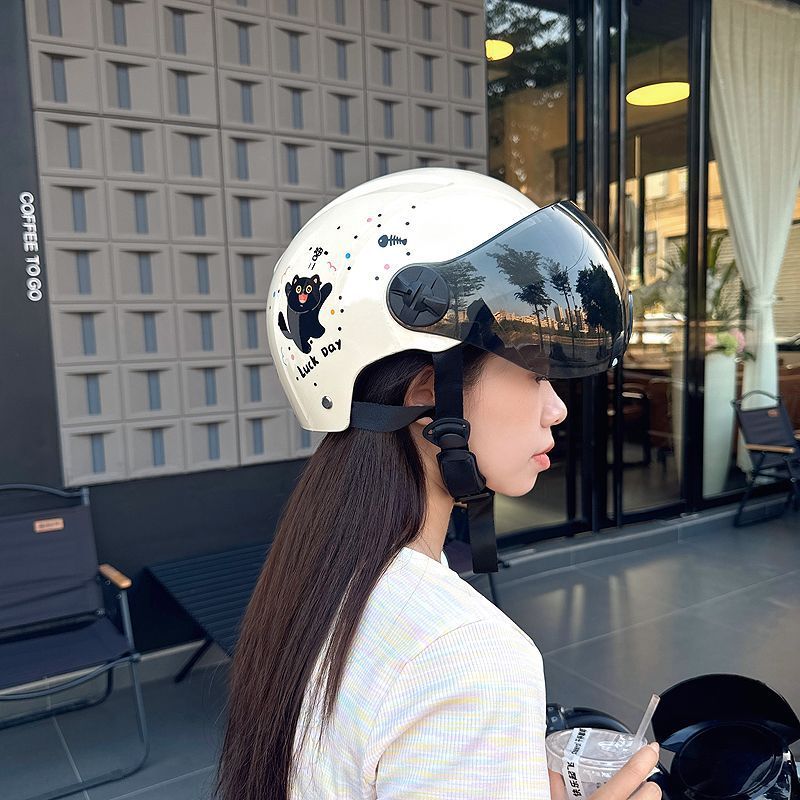3C Certified Electric Vehicle Helmet Women's Battery Car Safety Helmet Four Seasons Universal Motorcycle Half Helmet Summer Little Cat