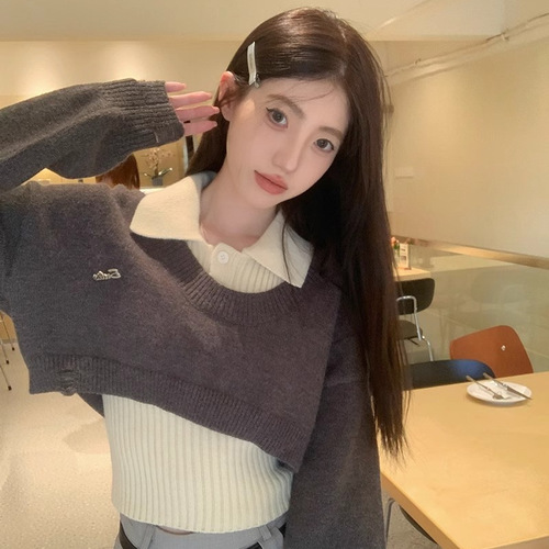 American-style Campus Look Set: Short Knit Top with Layered Sweater, Women's Autumn/Winter Slim Fit Base Layer Top—Two-Piece Outfit