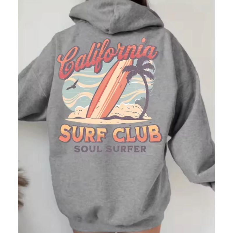 Men Women Back Gradient Body California Surf Club Hoodie Vintage Beach Wave Palm Seagull Graphic