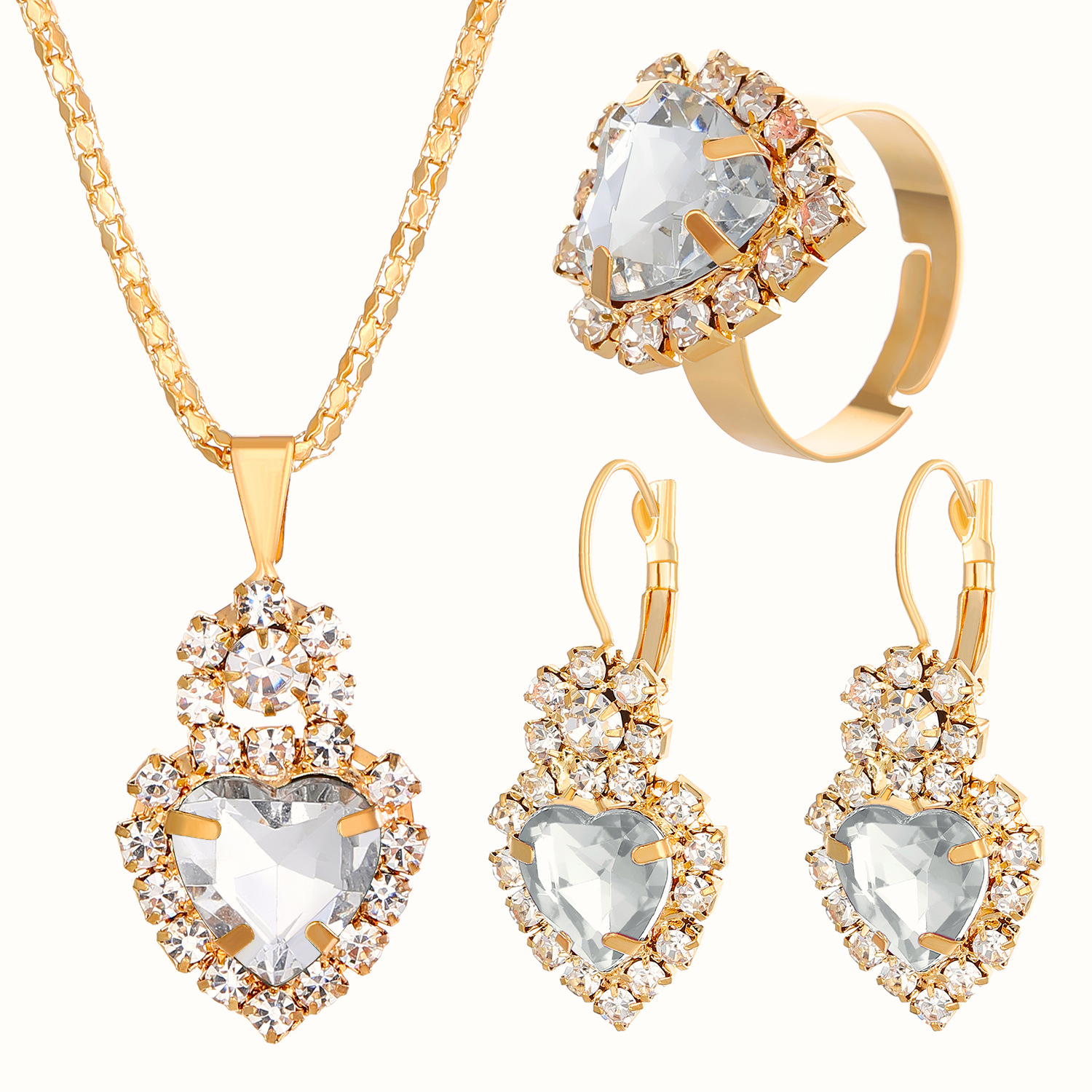 Europeo y americano personalizado amor rhinestone collar pendientes anillo traje brillante joyería nupcial fábrica al por mayor conjunto de tres piezas