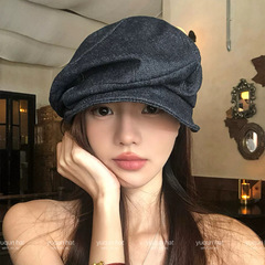 日系小众复古牛仔贝雷帽女2025新款大头围显脸小八角帽画家帽批发