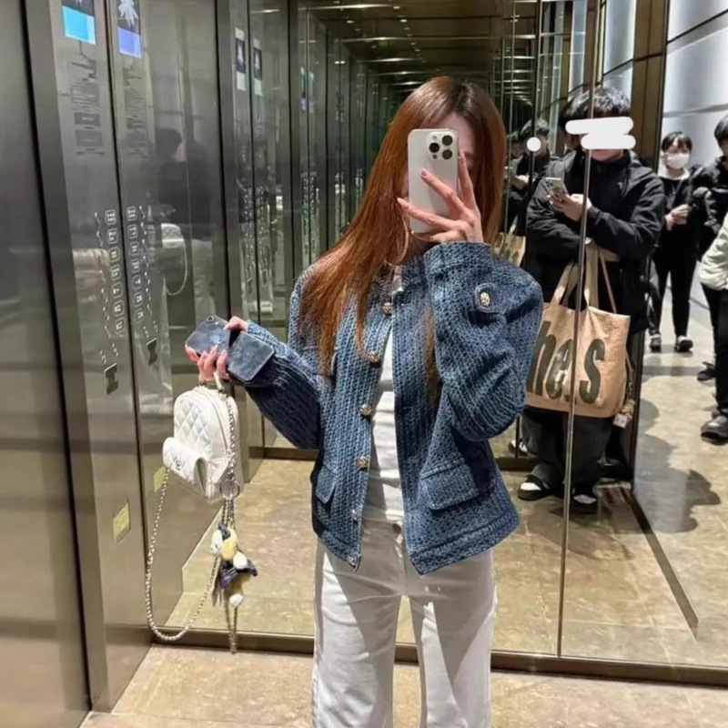 Vintage Chanel-Style Stand Collar Long-Sleeve Denim Jacket for Women, Autumn Cardigan, Niche Loose-Fitting Elegant Jacket, Versatile Top