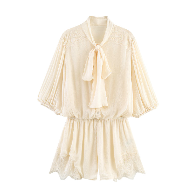 Myst&Za 2026 Fashionable European and American Style New Lace Patchwork Bow-Decorated Lantern Sleeve Shirt Jumpsuit Shorts Myst&Za 2026 Fashionable European and American Style New Lace Patchwork Bow-Decorated Lantern Sleeve Shirt Jumpsuit Shorts
