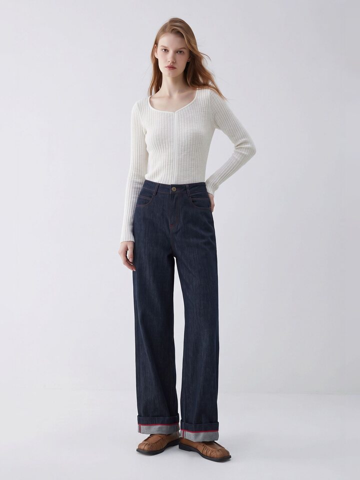 Quần jean ống rộng nữ lưng cao dáng suông dài phong cách thoải mái — Sâu denim xanh