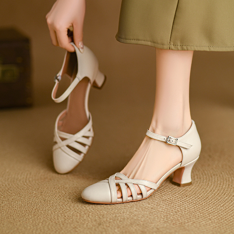 Sandal nữ quai hậu mũi nhọn retro da bò gót 5 cm kiểu La Mã — Màu trắng nhạt