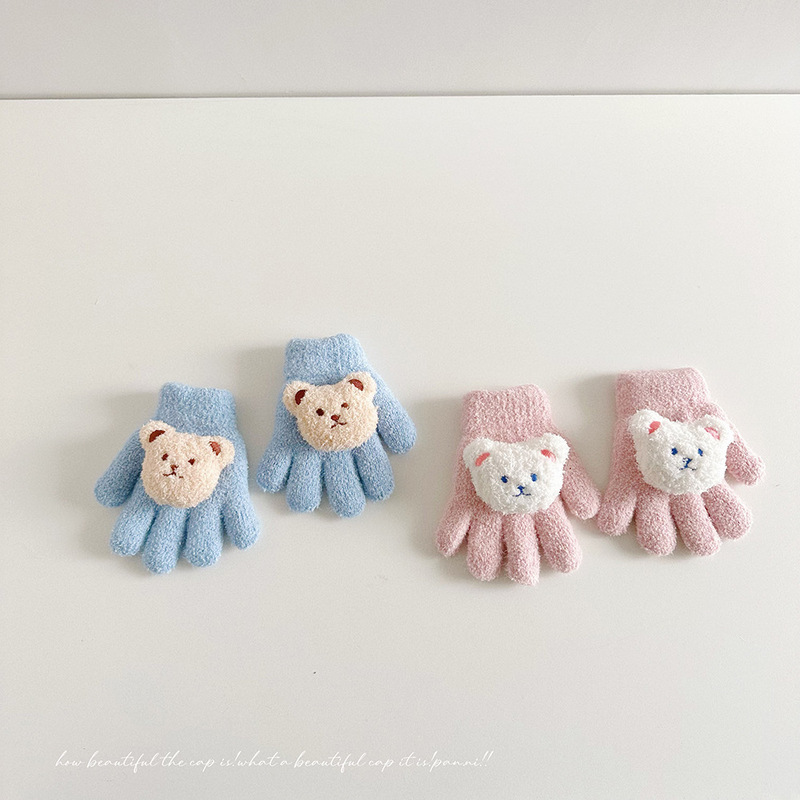 二重の厚い厚いかわいい熊の手袋の冬のベルベットの5本の指の手袋の子供の漫画の保温の赤ちゃんの手袋|undefined