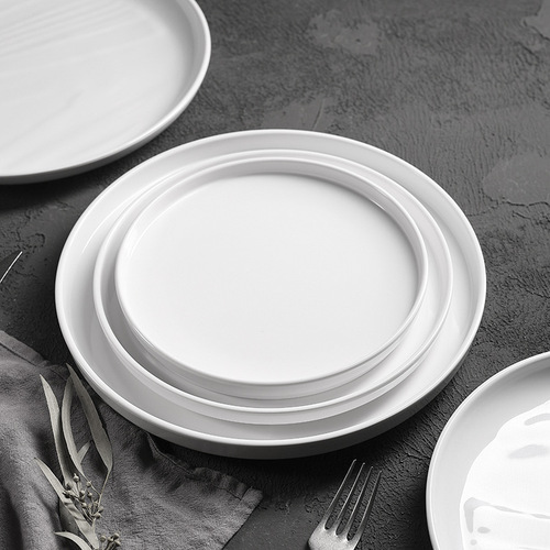 White melamine straight edge round plate dinner plate hotel restaurant commercial porcelain-like circular wave pattern steak plate pasta plate