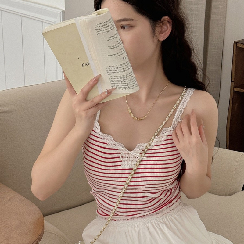 86083# new exquisite bow lace beautiful back thread high elastic simple striped camisole top 86083# new exquisite bow lace beautiful back thread high elastic simple striped camisole top