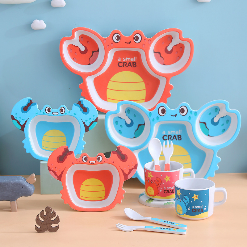 Spot Wholesale Bamboo Fiber Small Crab Divided Plate Cartoon Rice Bowl Fork Spoon Cup Infant Tableware Set