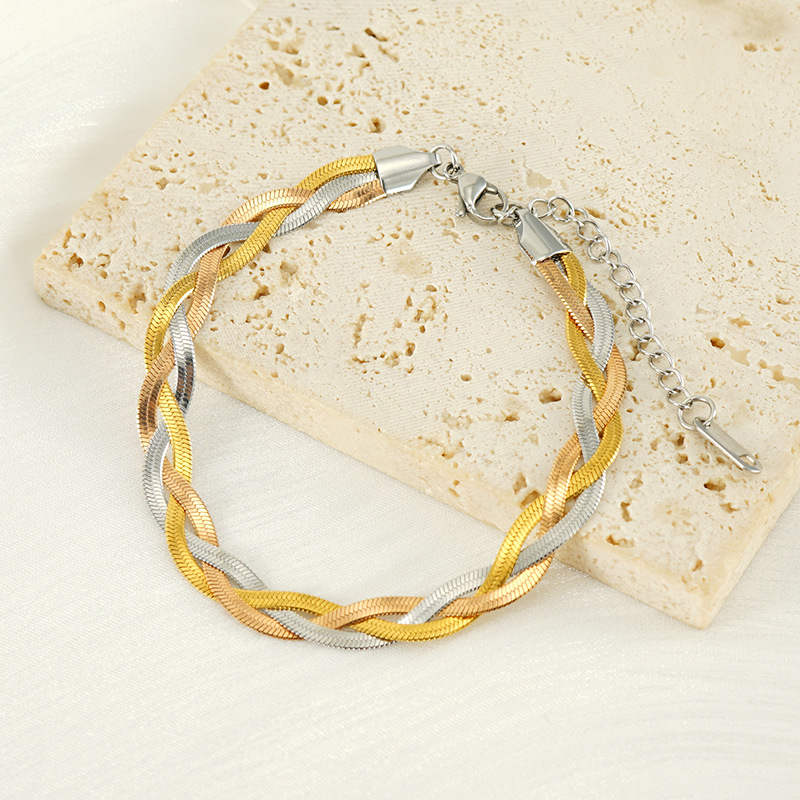 Bracciale intrecciato in acciaio al titanio per donna, semplice e versatile catena a tre colori, collana alla moda e resistente allo sbiadimento_voghion.com