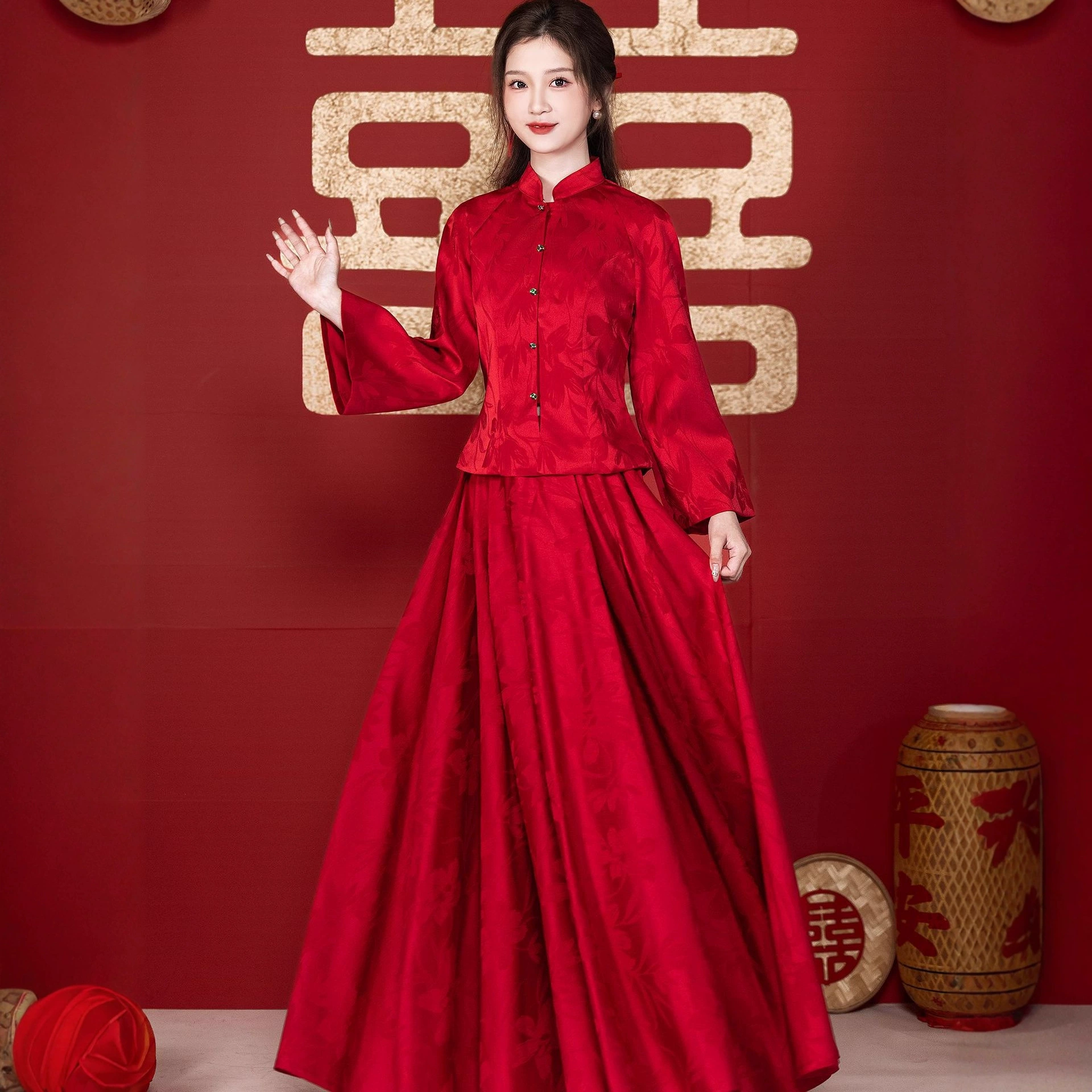 Красное свадебное платье в стиле шинуазри для невесты,  облегающее,  для дома,  коллекция 2025 года.