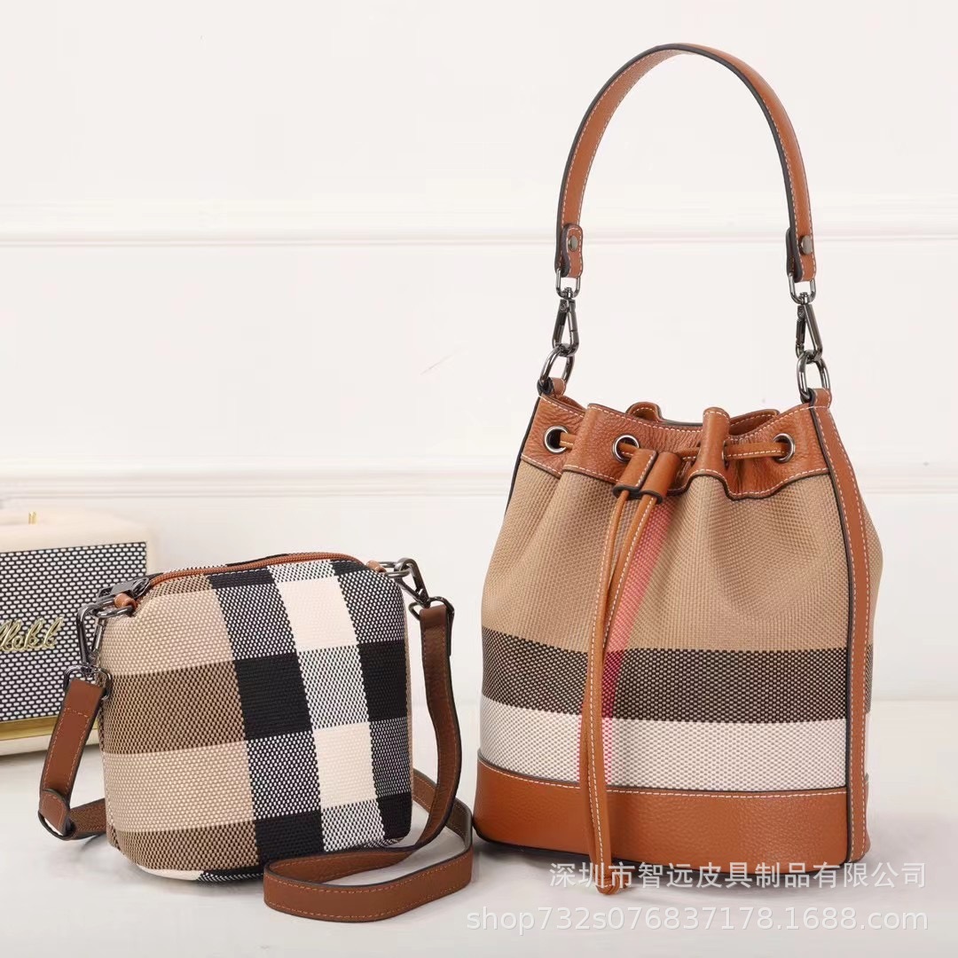Korean Style Plaid Canvas Bag Women's Portable Crossbody Leather Bucket Bag Drawstring Buckle Large Capacity Niche Single Shoulder Bag