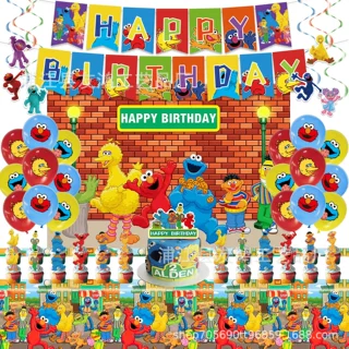 跨境热销芝麻街生日派对装饰套装生日横幅气球桌布蛋糕插排装饰
