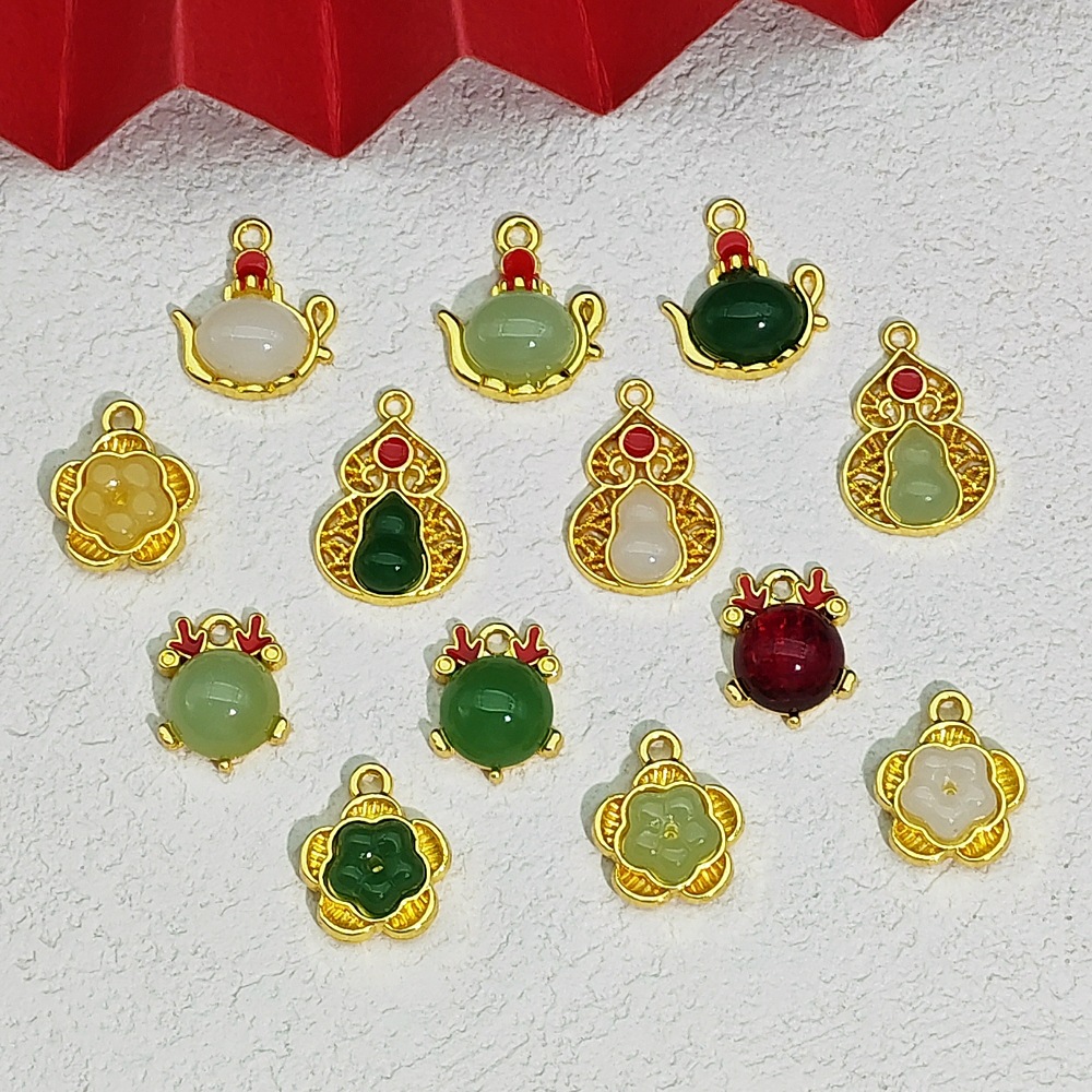 中国风合金镶嵌仿玉石葫芦花卉水晶吊坠DIY手链耳环挂件饰品配件