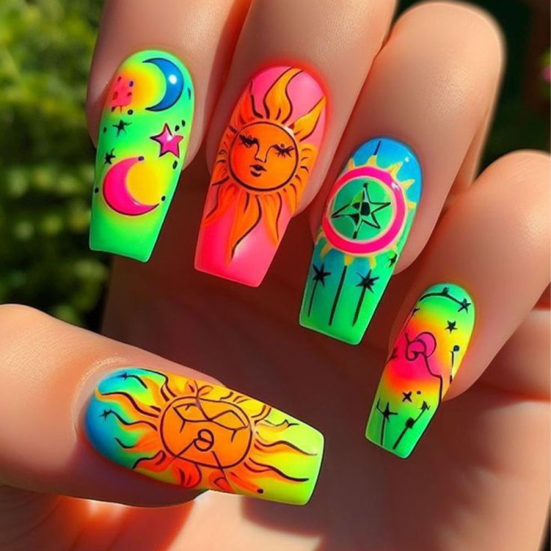 Summer Tropical Print Fluorescent Neon Sun Moon Star Wearable Nail Art Stickers Wearable Nail Art Pieces Fake Nails Wholesale