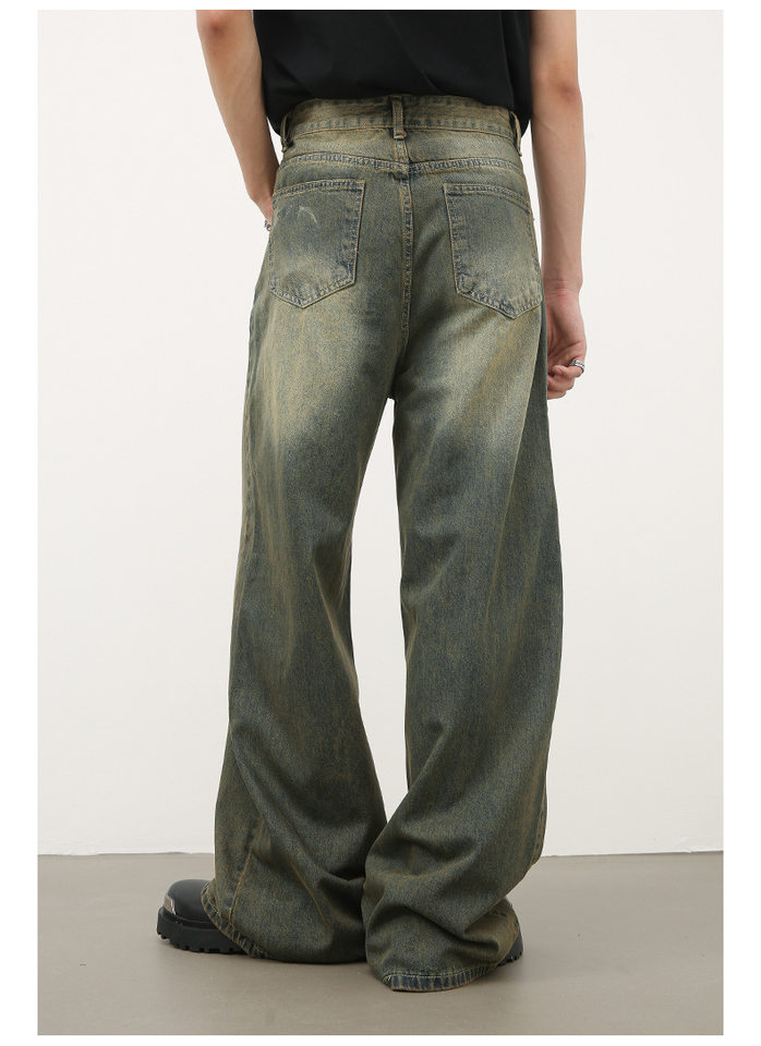 Quần jean nam ống rộng ống đứng dáng suông, vải denim giặt nước hiệu ứng râu mèo — Xanh cổ điển chi tiết 8