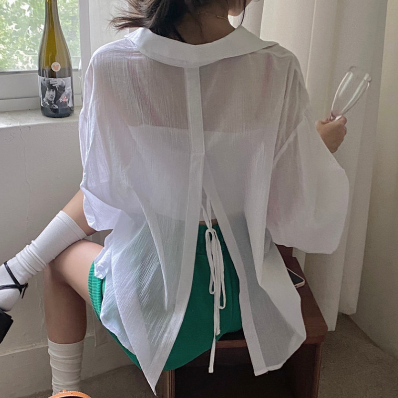 Korean Chic Autumn Dress French Elegant Lapel Censary Back Split Design Sense Micro-transparent Thin Sunscreen Shirt