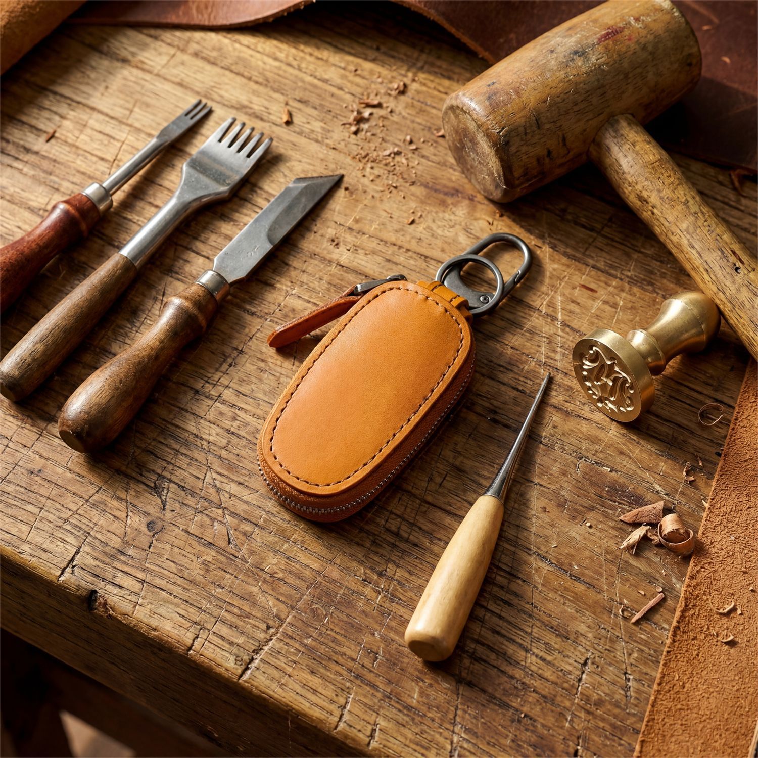 Handmade Retro Vegetable Tanning Head Layer Cowhide Key Bag Genuine Leather Casual Multifunctional Small Coin Purse Men's Car Lock Key Bag