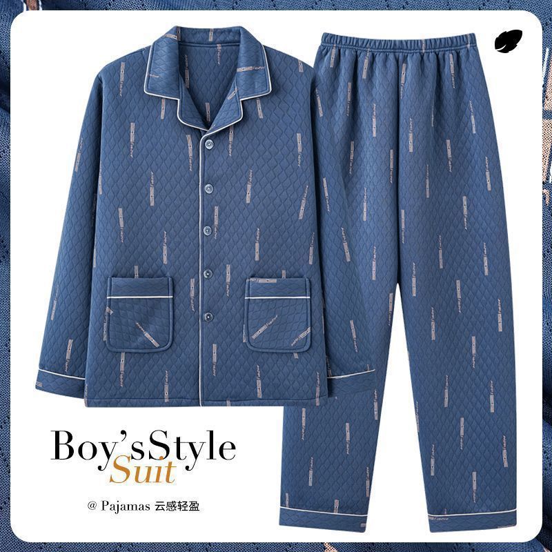 Pijamas para hombre otoño e invierno engrosamiento papá de mediana edad primavera y otoño traje de servicio a domicilio sándwich de algodón de aire de manga larga