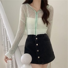 连帽防晒开衫白色冰丝针织衫女薄款夏季2025年新款拉链短款上衣服