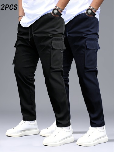 2 Pieces Men's Cargo Pants Black Gray with Drawstring Waist Cross-border