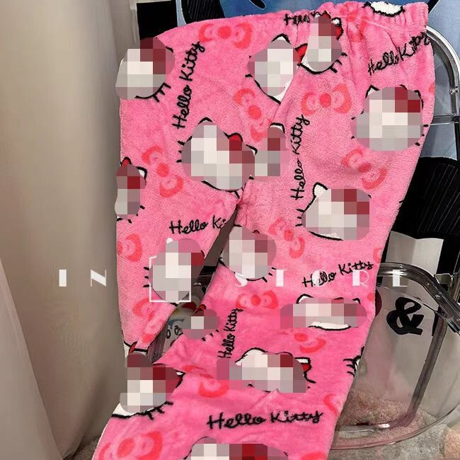 Foreign Trade Cartoon KT Cat Printed Pajama Pants Thick Women's Coral Fleece Autumn and Winter Home Casual Flannel Pajama Pants Outer Wear