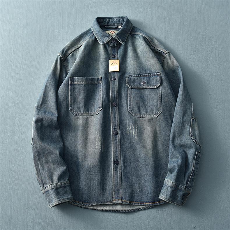 Vintage Washed Denim Overshirt For Men Loose Workwear Jacket_voghion.com