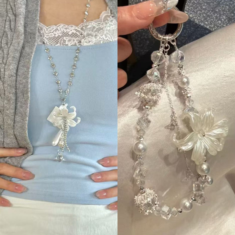 Ins Beaded Korean-Style Phone Chain Crystal Pearl Lily Flower Lanyard Wrist High-End Pendant Hanging Chain Ins Beaded Korean-Style Phone Chain Crystal Pearl Lily Flower Lanyard Wrist High-End Pendant Hanging Chain