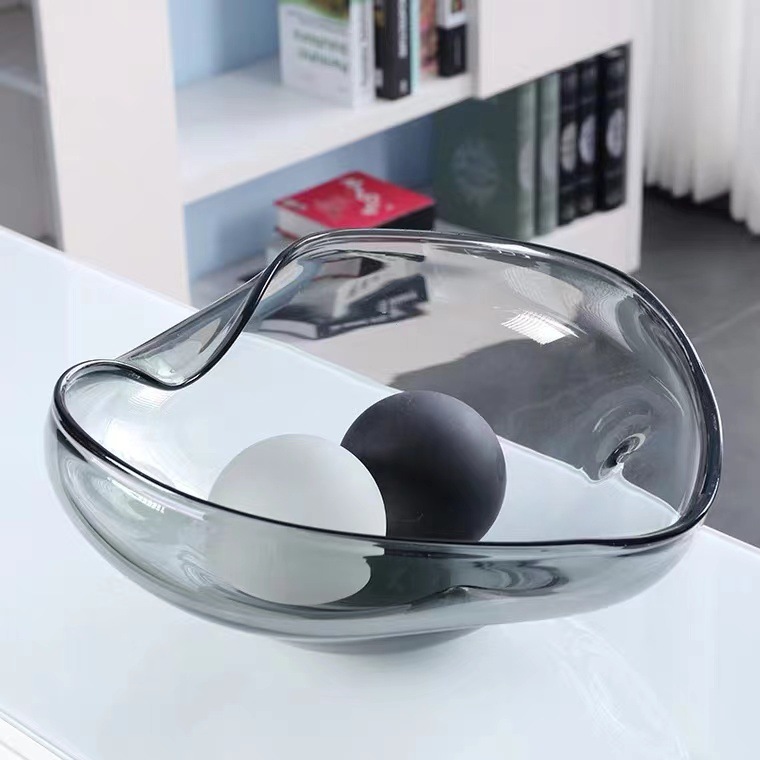 意式轻奢艺术玻璃黑灰水果盘销售中心装饰客厅摆件酒店会所摆设