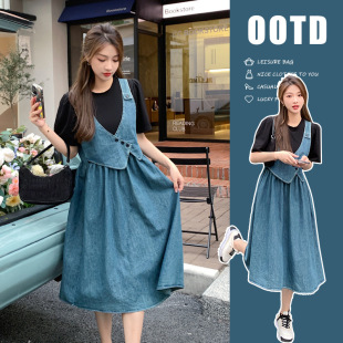 Pregnant and Breastfeeding Fake Two-Piece Spliced Denim Dress for Women Summer Preppy Style Retro Small Waist A-Line Skirt Cotton