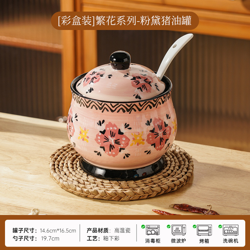 Porcelana pintada a mano esmaltada de color cerámico con sabor, grasa doméstica, grasa de cerdo con cuchara de cubierta, grasa de cerdo resistente a altas temperaturas