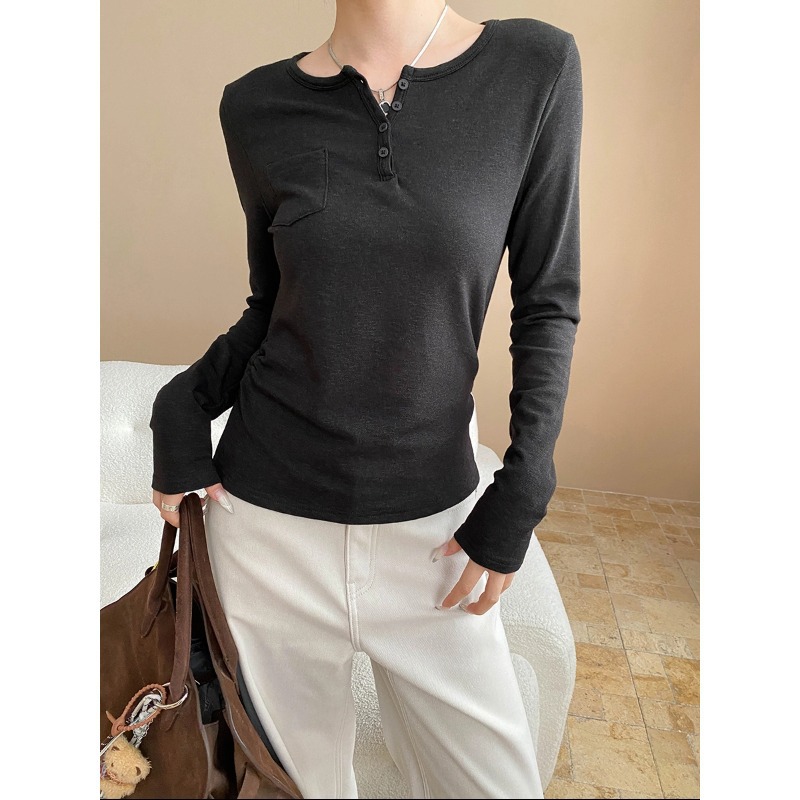 Sinan Paper-Thin Versatile Tencel Wool Blend Regular Shoulder Henley Collar Fleece-Lined T-Shirt Base Layer Sn8237