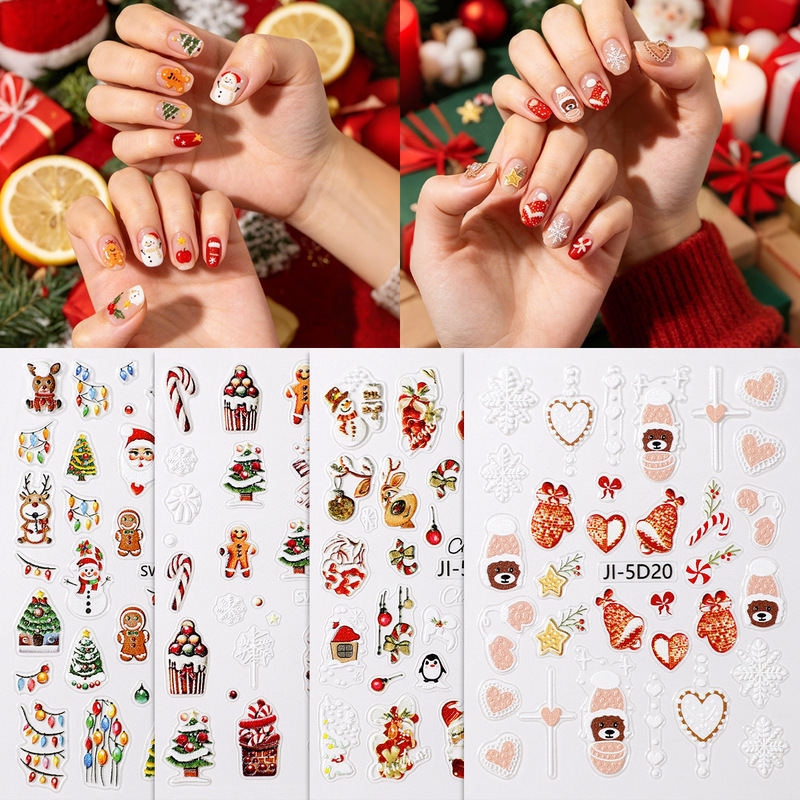 New Christmas Nail Stickers White Snowflake Embossed Three-Dimensional Christmas Tree Santa Claus Elk Cartoon Wearable Nail Stickers