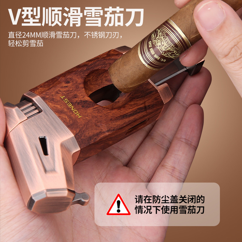 飞鹰充气防风木纹色雪茄打火机大火力直冲火焰V型雪茄刀工具跨境|undefined