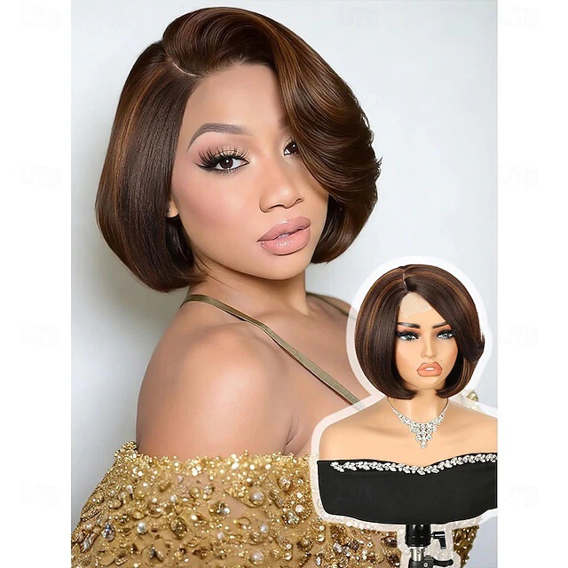 Highlighting and Layering Techniques, Mixed Brown Color, Short Straight Bob Wig with Side Parting, Women's Short Straight Hair