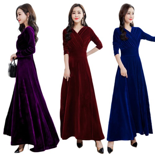 Spring, Autumn, and Winter New Velvet Dress Long Bodycon Elegant Long Sleeve Plus Size Autumn Dress for Women