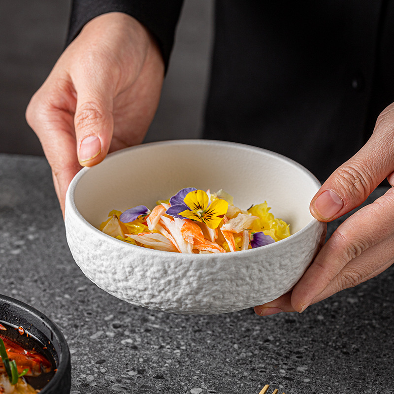 High Aesthetic Value Ins-Style Stone-Pattern Ceramic Bowl for Home Use, Creative Rustic Ceramic Rice Bowl, Japanese-Style Noodle Bowl, Salad Bowl for Guesthouses