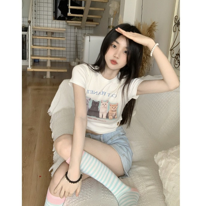 Gato de impresión SLIM-fit blanco de manga corta de la camiseta de las mujeres de verano dulce y picante recortada BM viento hombro bottoming Top moda image 6