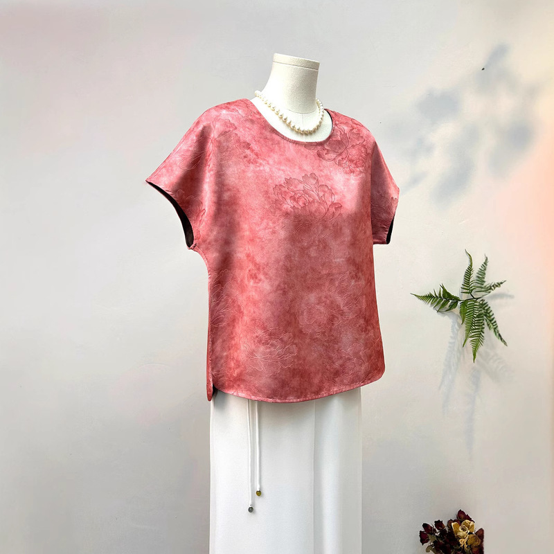 Reversible T-Shirt for Women 2025 Summer New Style Tie-Dye Jacquard Short-Sleeve Slit Top Summer New Trending Item