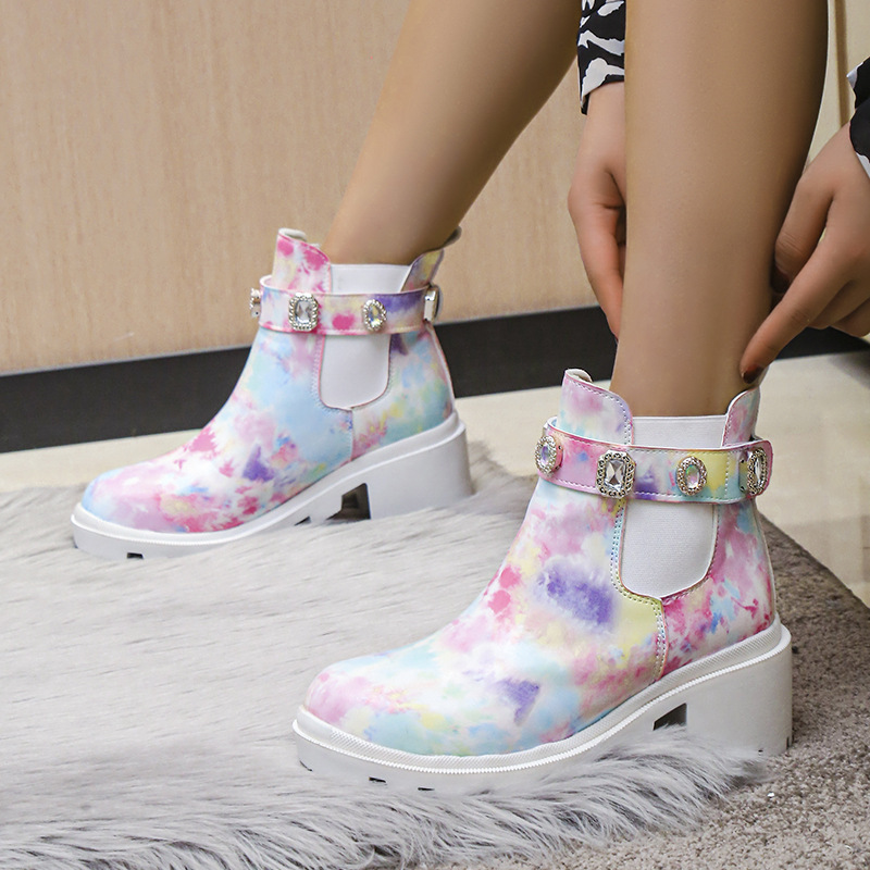 Foreign trade New plus size colorful printed short boots for women 2022 European and American fashion rhinestone chunky heel trendy Martin boots for women