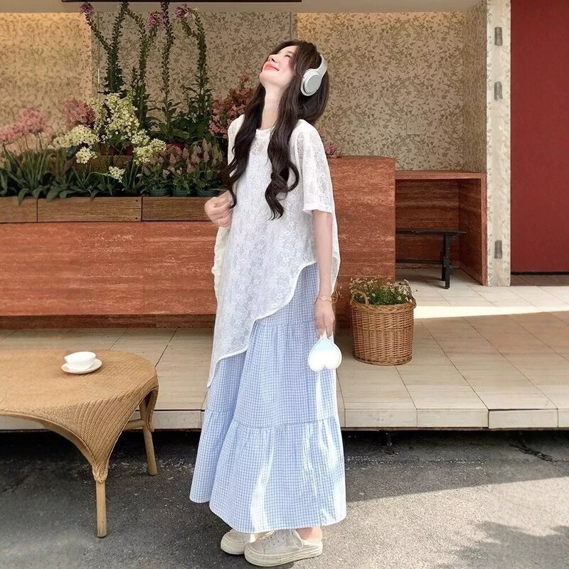 Beautiful and Fresh Summer Dress for Women 2026 New Holiday Style Irregular Cover-Up Plaid Suspender Dress Two-Piece Set Beautiful and Fresh Summer Dress for Women 2026 New Holiday Style Irregular Cover-Up Plaid Suspender Dress Two-Piece Set