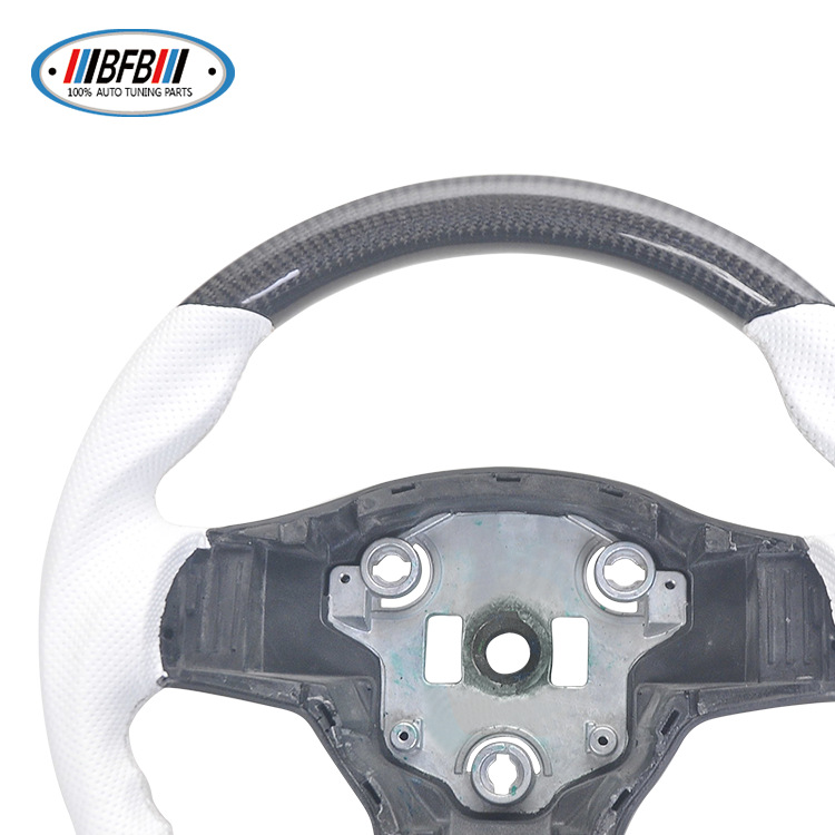 100% Real Carbon Fiber Forged Steering Wheel with White Perforated Leather and White Stitching - For Tesla Model Y - Modification