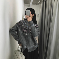 秋冬彩点羊毛费尔岛雪花手缝花朵珍珠毛衣双拉针织开衫女