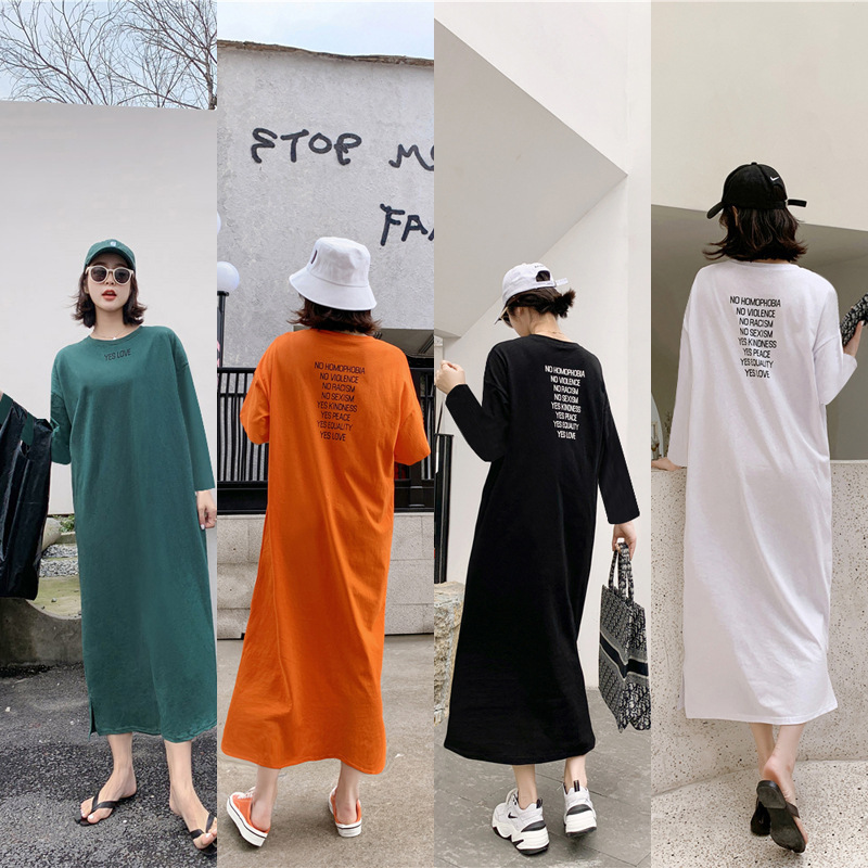 Spring and Summer Short-sleeved South Korea Internet Celebrity Lazy Man Maxi Dress Elegant dress Loose plus size Women's Long T-shirt Home Clothes