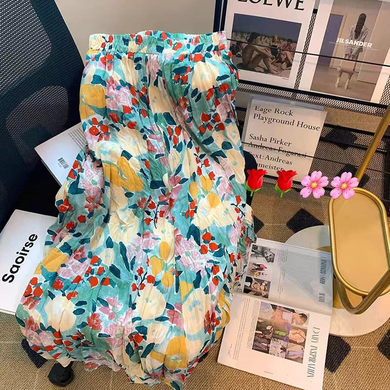 Spring and Summer High-End French Retro Oil Painting Style Gentle and Elegant Fairy Floral Print Mid-Length Skirt