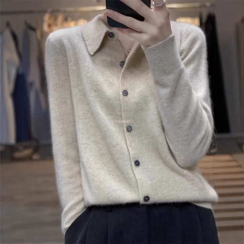 Spring Style 100 Cashmere Knitwear Women's Cardigan Shirt Collar Exquisite Polo Collar Long-Sleeved Knitwear Wool Bottoming Knitwear