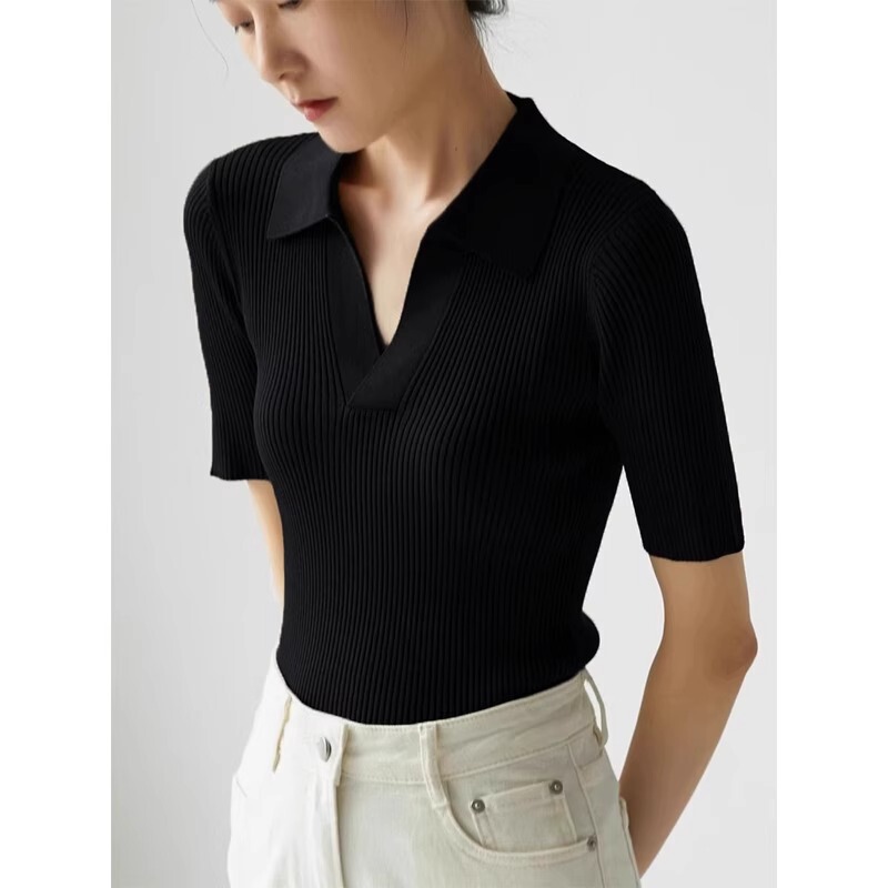 French Style Black Lar Polo Shirt Knitted T-Shirt Women's Summer Slim-fit V-neck Ice Silk Shoulder Short-sleeved T-shirt Top Thin